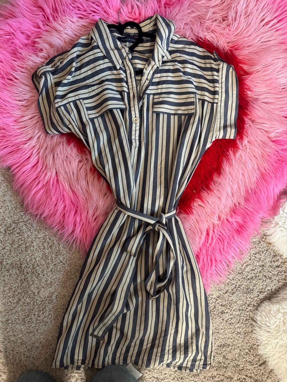 Tommy Hilfiger Navy & Cream Striped Shirt Dress with Tie Belt